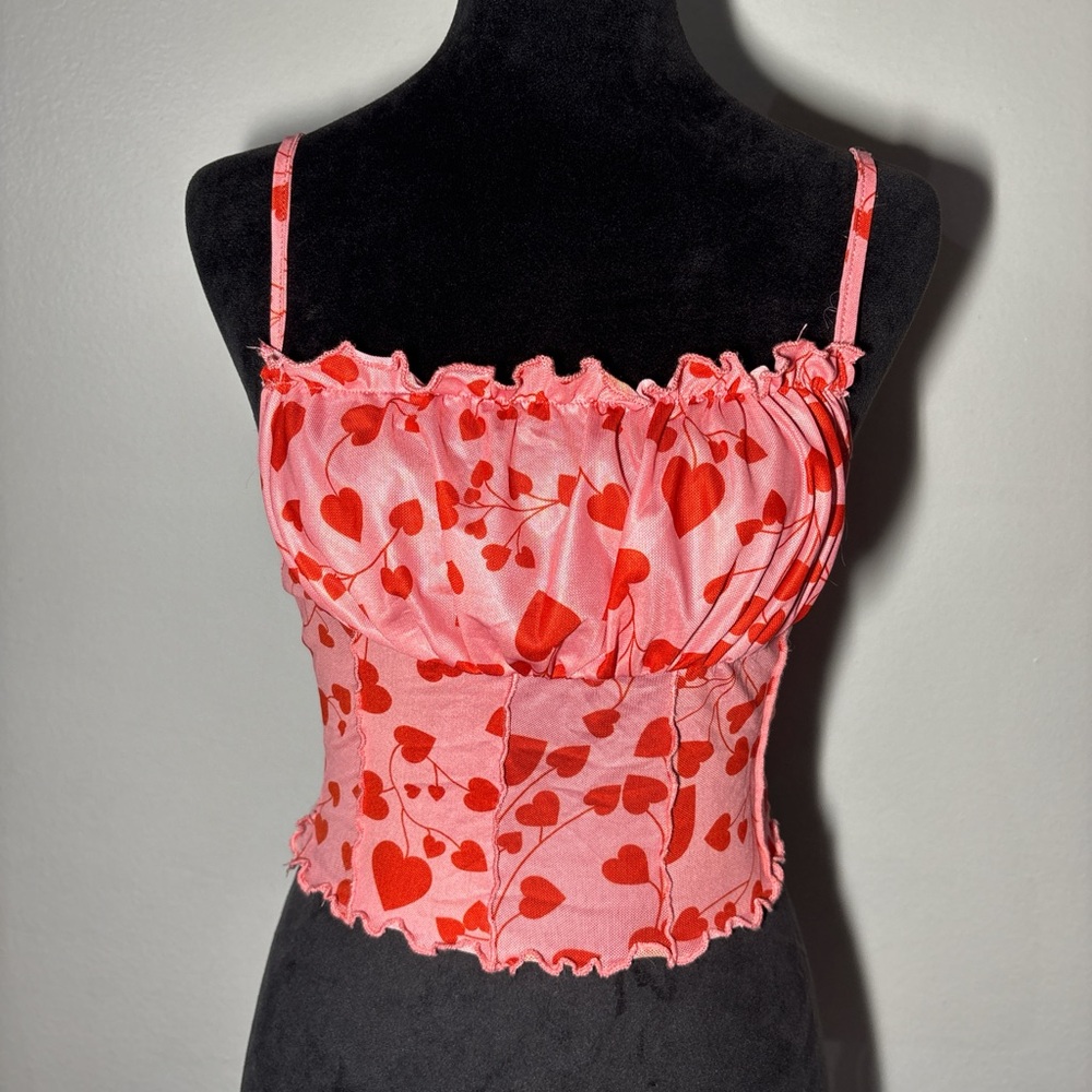 SHEIN Pink and Red Heart Sheer mesh Crop Top